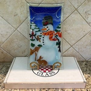 Peggy Karr Fused Art Glass Snowman Platter 13.75" x 8" Plate Signed Christmas